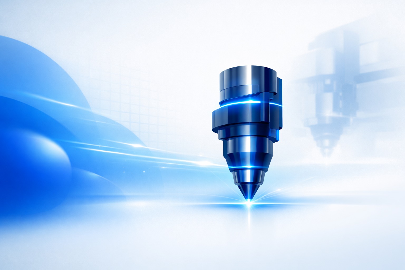 Das Bild zeigt eine futuristische, metallisch glänzende Düse, die Laserstrahlen emittiert. Die Szene hat einen technologischen und modernen Look mit blauen und weißen Lichteffekten im Hintergrund. Die Düse scheint in einer abstrakten, digitalen Umgebung zu schweben.