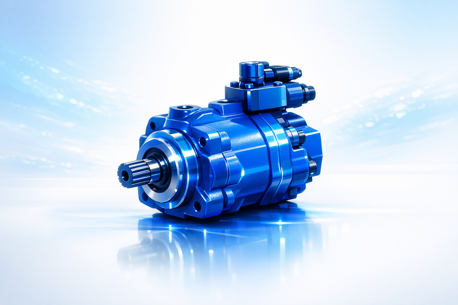 Das Bild zeigt eine glänzende, blaue hydraulische Pumpe vor einem leuchtend blauen Hintergrund. Die Pumpe hat mehrere Verbindungselemente und eine Welle, die nach vorne herausragt. Sie ist zentral platziert und spiegelt sich leicht auf der glänzenden Oberfläche darunter.