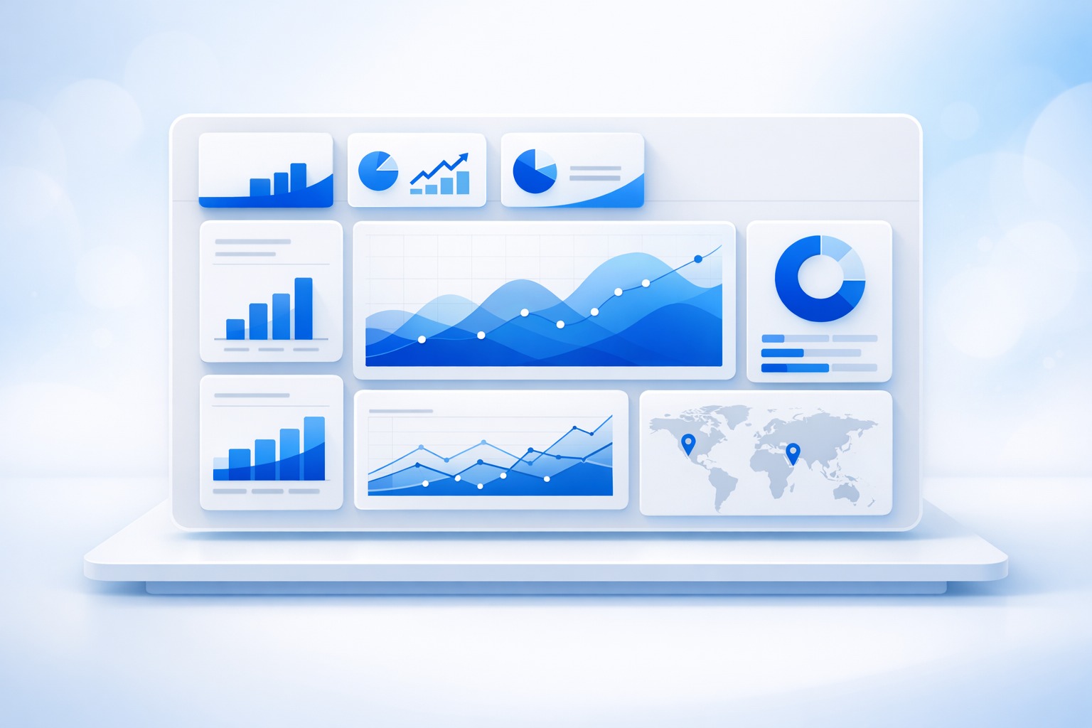 Das Bild zeigt ein digitales Dashboard auf einem Laptop-Bildschirm. Es enthält verschiedene Diagramme und Grafiken, darunter Balkendiagramme, Liniendiagramme und ein Tortendiagramm, die Daten und Trends darstellen. Rechts unten befindet sich eine Weltkarte mit zwei markierten Punkten, was auf international verfolgte Daten hindeuten könnte.