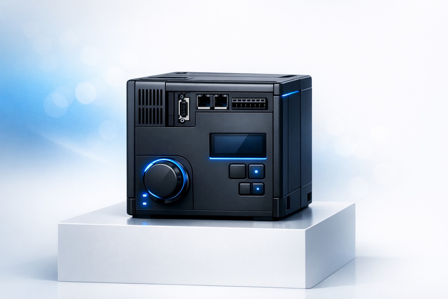 Das Bild zeigt ein modernes elektronisches Gerät in würfelförmigem Design, das auf einem weißen Podest präsentiert wird. Das Gehäuse ist schwarz mit blauen Akzentlichtern. Auf der Vorderseite befinden sich ein beleuchteter Drehknopf, ein kleines Display und mehrere Tasten, die auf eine Art von Steuerungs- oder Bedienungsgerät hindeuten.