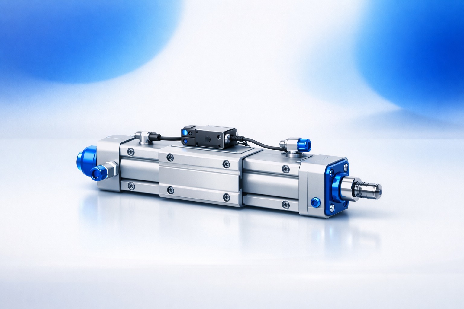 Das Bild zeigt einen metallischen Pneumatikzylinder mit blauen Endkappen und mehreren Befestigungsschrauben. Der Zylinder ist mit einem Elektrokabel verbunden, das zu einem kleinen schwarzen Gehäuse führt, vermutlich ein Sensor oder ein Ventil. Die Hintergrundfarben sind blau und weiß und heben das technische Gerät hervor.